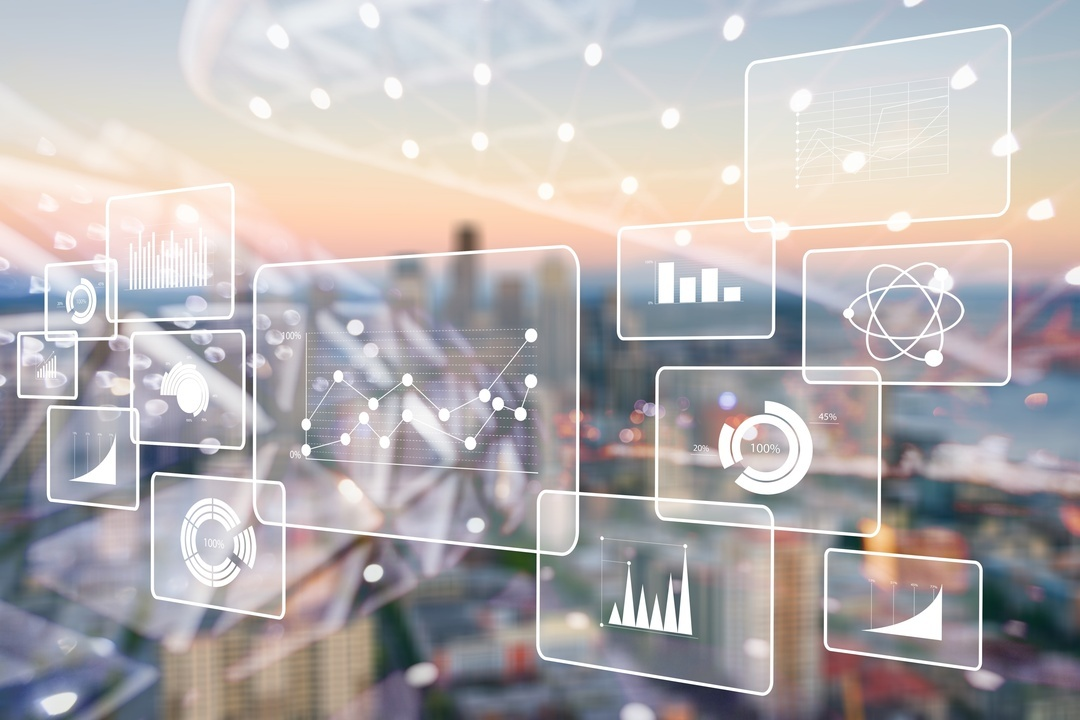 Dashboards e gráficos de análise de dados flutuando sobre cidade