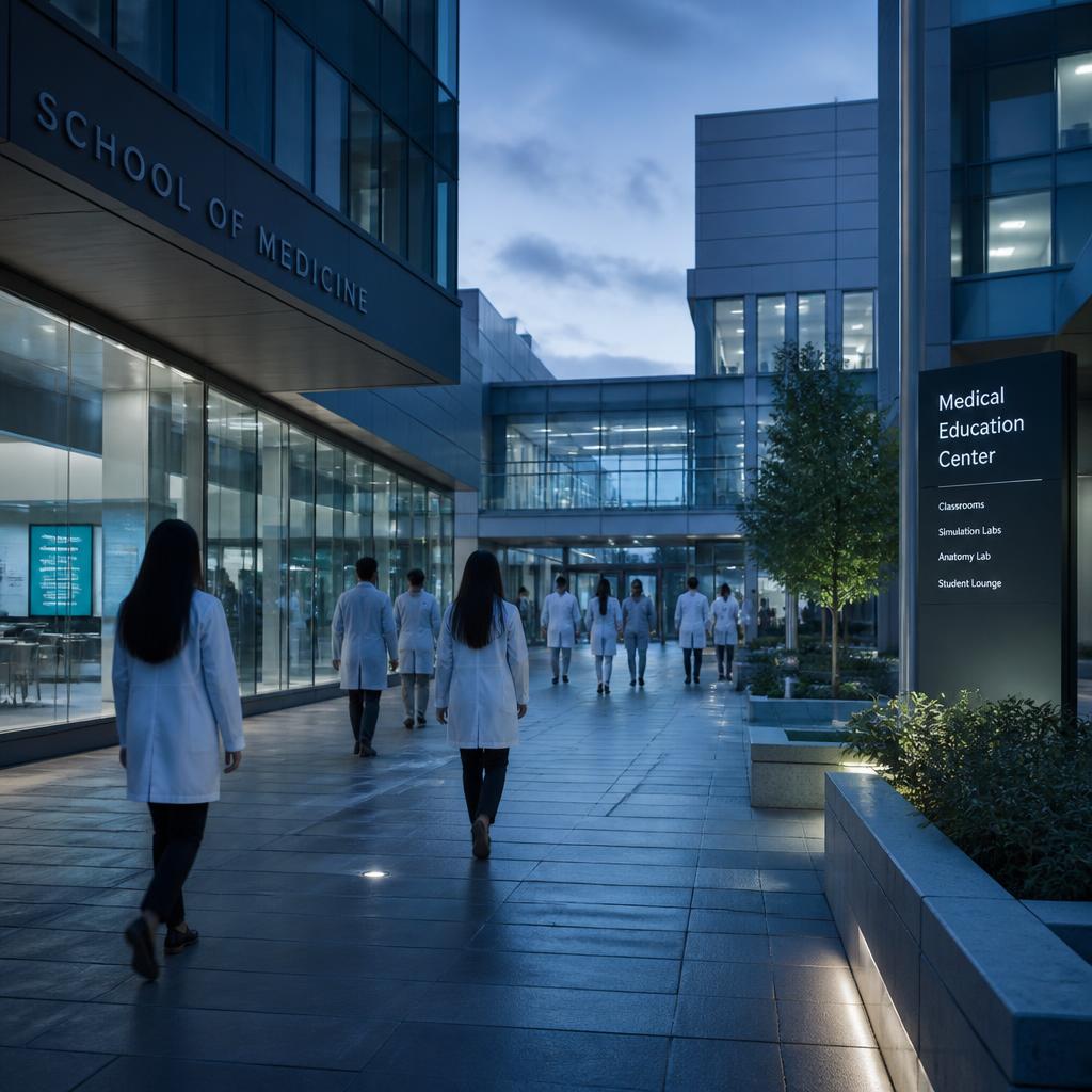 Campus de escola de medicina ao entardecer com estudantes em jalecos brancos